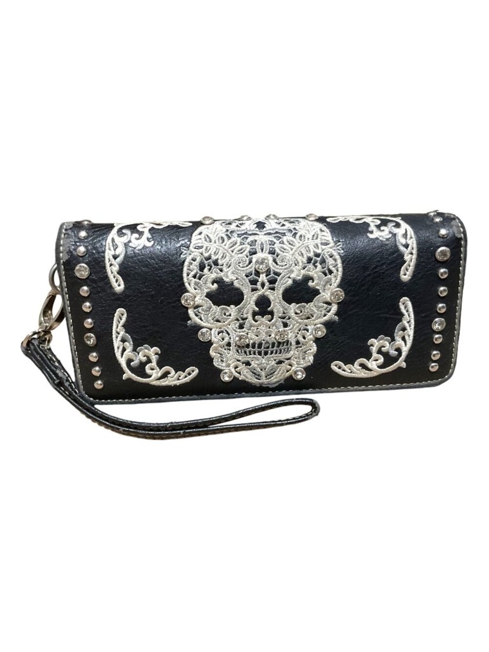 Montana West Embroidered Skull Wristlet Wallet Black White Faux Leather